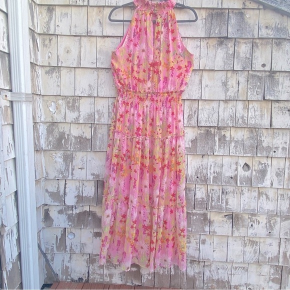 Taylor Floral Pink Halter Mock Neck Sleeveless Elastic Waist Maxi Dress - Picture 5 of 10